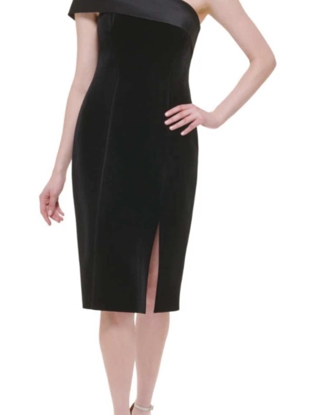 Eliza J Black One-Shoulder Velvet Sheath Dress with Side Slit